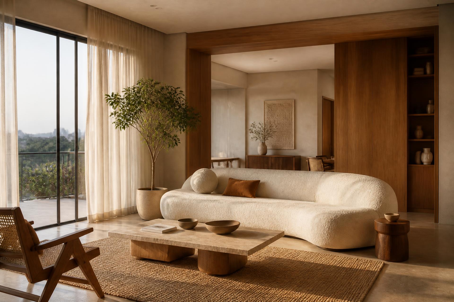Contemporary living room in a Gurugram apartment with warm ivory walls, sheer curtains and a sculptural sofa