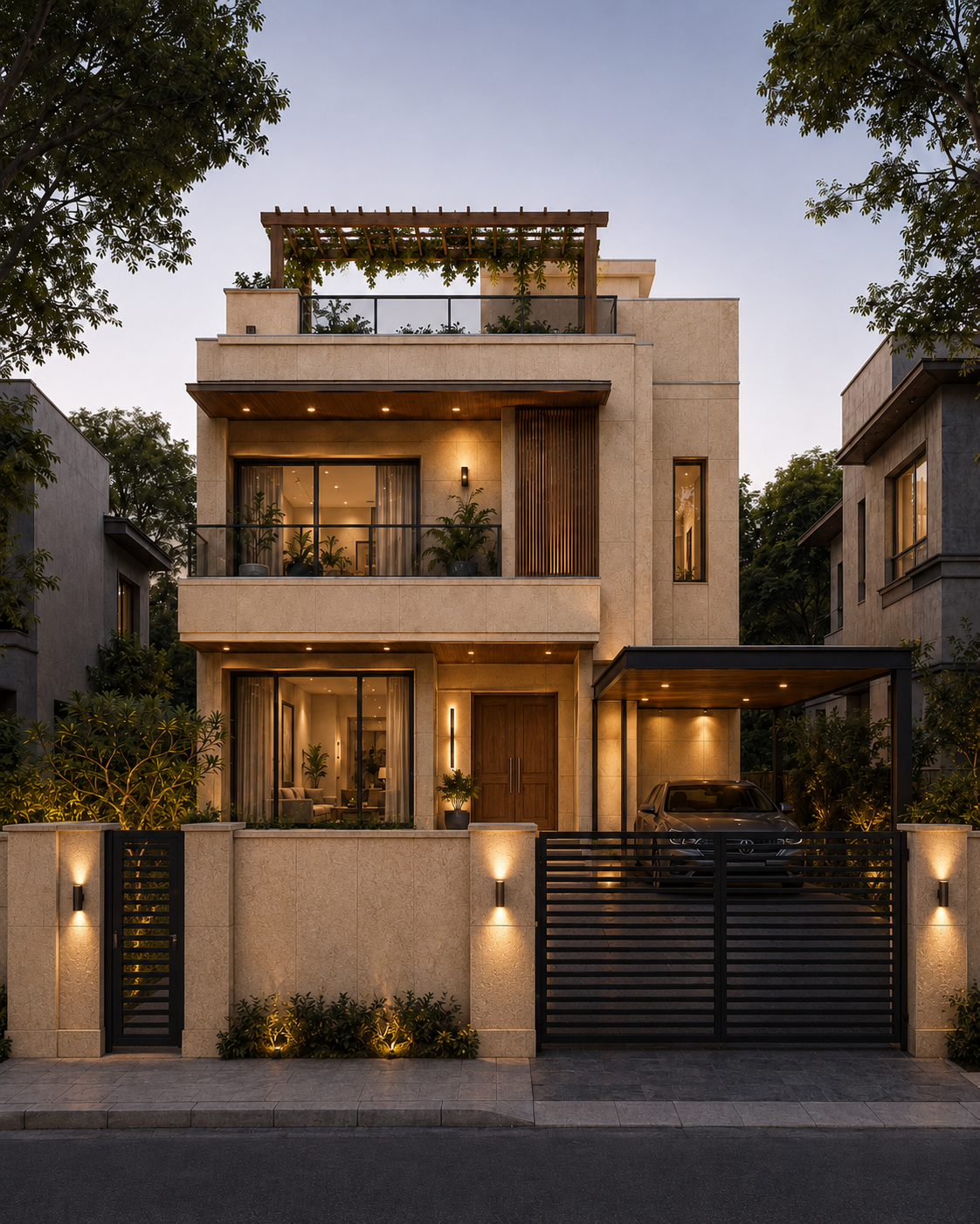 The Travertine Oasis Villa front elevation design showcase by Interior Veydaa